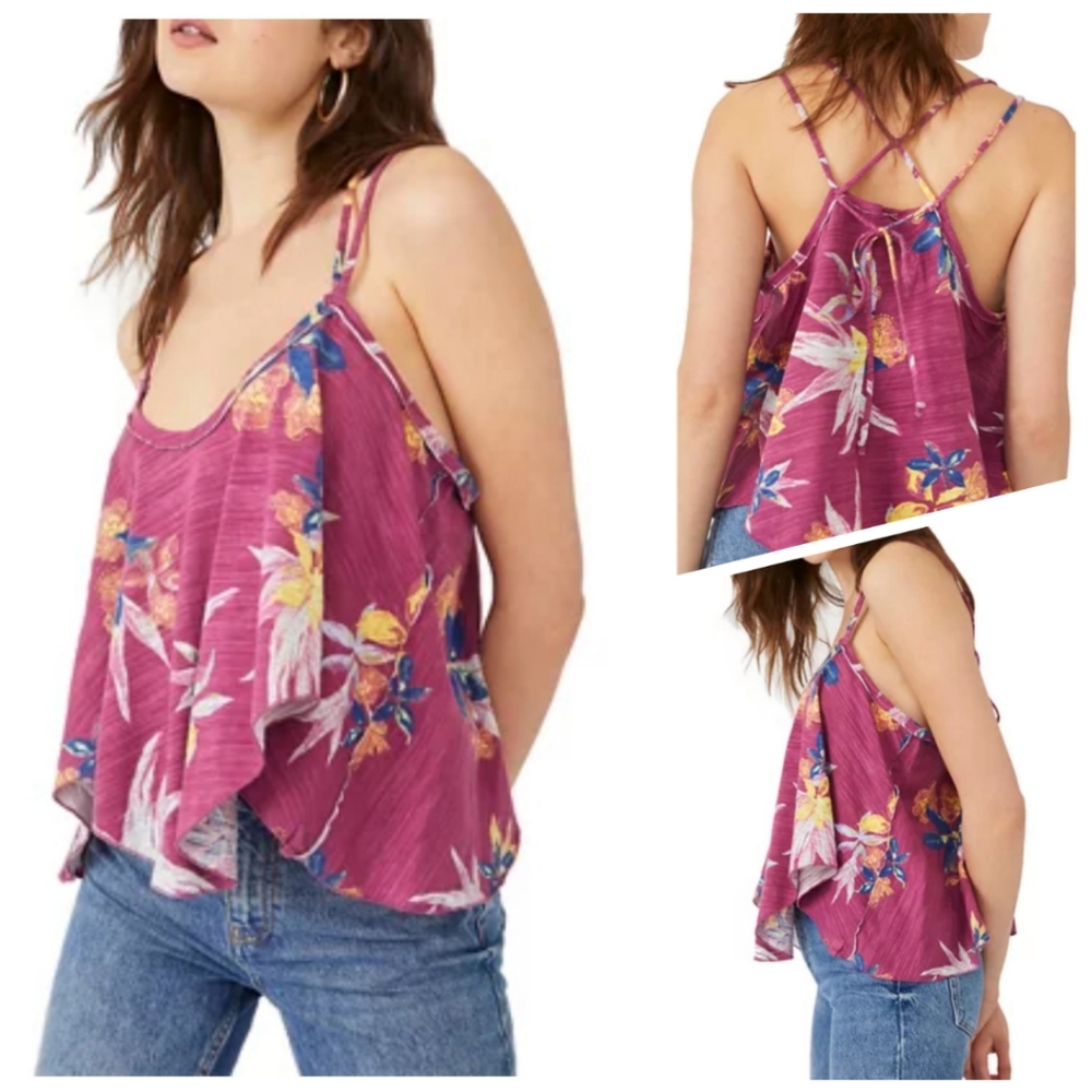 Free People Pink/Purple Floral Cotton Tank
